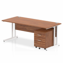 Dynamic Impulse cantilever straight desk in walnut finish with two-drawer mobile pedestal, modern office workspace furniture