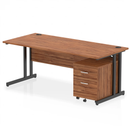 Dynamic Impulse cantilever straight desk with walnut finish and two-drawer mobile pedestal, modern office furniture setup