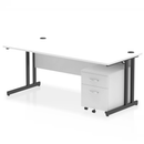 White Impulse cantilever straight desk by Dynamic with two-drawer mobile pedestal, featuring a sleek, modern office workspace setup.
