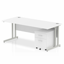White Impulse cantilever straight desk from Dynamic with 2-drawer mobile pedestal, featuring a modern office workspace setup.