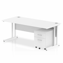 White Impulse cantilever straight desk by Dynamic with two-drawer mobile pedestal and modern design.