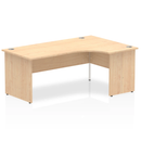 Impulse Crescent desk with panel end leg in maple by Dynamic, showcasing a modern office workspace with a curved design.