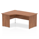 Walnut Impulse Crescent Desk with panel end leg by Dynamic, featuring a sleek, modern design and left-hand configuration.