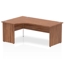 Walnut Impulse Crescent Desk with panel end leg by Dynamic, showing left-hand configuration and modern office design.