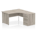Dynamic Impulse Panel End Leg Crescent Desk with 600mm deep high pedestal in grey oak finish, showing the desk and pedestal bundle.
