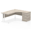 Impulse Crescent desk with grey oak finish and high pedestal, featuring a 600mm deep workspace and modern design by Dynamic.
