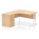 Dynamic Impulse Crescent Desk with 600mm deep high pedestal bundle in maple wood, showcasing the modern office workspace setup.