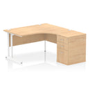 Dynamic Impulse Crescent Desk with 600mm deep high pedestal bundle in maple, featuring a modern office workspace setup.