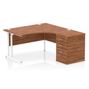 Dynamic Impulse Crescent desk with 600mm deep walnut high pedestal bundle, showing the desk's curved shape and storage units.