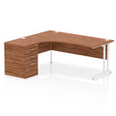 Dynamic Impulse Crescent Desk with Walnut finish and 600mm deep high pedestal bundle, showing the desk surface and pedestal storage.