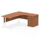 Dynamic Impulse Crescent desk with 600mm deep walnut high pedestal bundle showing the curved wooden desk and matching storage units.
