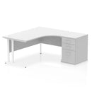 White Impulse Crescent desk with a 600mm deep high pedestal from Dynamic, showing the sleek desk surface and storage unit.