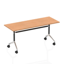 Dynamic Impulse Flip Top Table in oak wood, showing the reversible tabletop and sturdy metal frame for flexible workspace setup.
