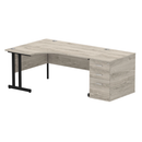 Grey oak Impulse Crescent desk with 800mm deep high pedestal from Dynamic, showcasing a modern office workstation setup.