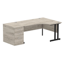 Impulse Crescent desk with grey oak finish and 800mm deep high pedestal, from Dynamic, shown with clean, modern workspace setup.