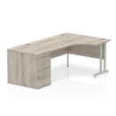 Grey oak Impulse Crescent desk with 800mm deep high pedestal bundle by Dynamic, featuring a modern curved desk design with ample storage.