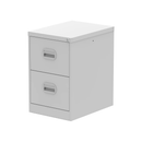 Light grey QUBE filing cabinet by Dynamic with two drawers, shown with open top drawer and sleek modern design.
