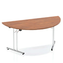 Dynamic Impulse Folding Semi-Circle Table showing a sleek, black semi-circle tabletop with folding legs for easy storage.
