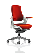 Dynamic Zure Executive Chair with arms in vibrant orange bespoke fabric, featuring a modern ergonomic design and padded armrests.