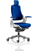 Blue Dynamic Zure Executive Office Chair with arms, headrest, and bespoke fabric upholstery for comfortable seating.