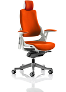 Orange Zure Executive Chair with arms and headrest by Dynamic, featuring bespoke fabric and ergonomic design for comfortable seating.