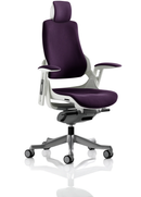 Dynamic Zure Executive Chair with arms and headrest in bespoke purple fabric, featuring ergonomic design and plush cushioning.