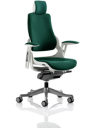 Dynamic Zure executive chair with teal fabric, armrests, and adjustable headrest, designed for comfort and modern office style.