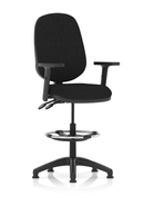 Black fabric Eclipse Plus II task operator office chair by Dynamic with hi-rise draughtsman kit for ergonomic seating.