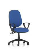 Dynamic Eclipse Plus II medium back office chair with blue fabric upholstery, adjustable armrests, and ergonomic design for comfort.