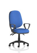 Dynamic Eclipse Plus III medium back office chair with blue fabric upholstery and adjustable armrests.