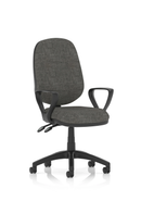 Dynamic Luna Plus 2 Lever Task Operator Chair with charcoal arms, ergonomic design, adjustable features, and cushioned seat for comfort.