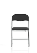 Black polyurethane Sicily folding chair by Dynamic with chrome legs, showing a close-up of the chair's seat and frame.