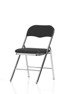 Black polyurethane Sicily folding chair by Dynamic with chrome legs, shown folded for easy storage.