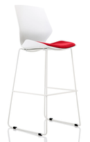 Dynamic Florence white frame fabric seat high stool with cherry-colored wooden legs, modern design and comfortable seating.