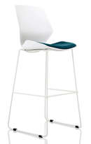 Dynamic Florence white frame fabric seat high stool with teal upholstery, modern design and sturdy wooden legs.