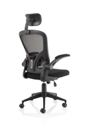 Dynamic Ace Executive Mesh Chair with folding arms, ergonomic design, black mesh back and padded seat for office comfort.
