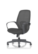 Black Ariel mesh chair by Dynamic with a sleek ergonomic design and adjustable armrests, suitable for office or home use.