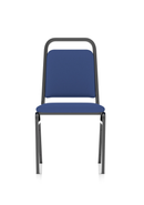 Black-framed stacking visitor chair with blue fabric upholstery by Dynamic, designed for banquet and event seating.