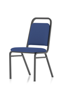 Black frame blue fabric banqueting stacking visitor chair by Dynamic, showing the chair with a sleek design and padded seat.