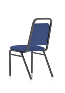 Black frame stacking visitor chair by Dynamic with blue fabric upholstery, suitable for banqueting and conference seating.