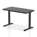 Black Ice height adjustable desk by Dynamic with a sleek black surface and modern design, featuring a sturdy frame and adjustable height.