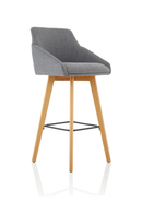 Dynamic Carmen grey fabric high stool chair with wooden legs, showcasing a modern design and comfortable seating.
