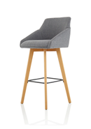 Grey fabric high stool chair with wooden legs, Carmen by Dynamic, showcasing a modern, stylish design for dining or bar areas.