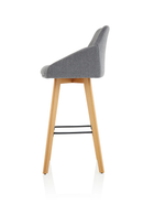 Grey fabric high stool chair with wooden legs, modern design and cushioned seat, by Dynamic.