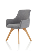 Grey fabric visitor chair with wooden legs and armrests, designed by Dynamic, featuring a modern and comfortable seating style.