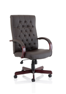Brown leather Chesterfield executive chair with arms, featuring classic tufted design and polished wooden legs by Dynamic.