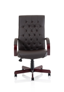 Elegant brown leather Chesterfield executive chair with arms, featuring classic tufted design and polished wooden legs.
