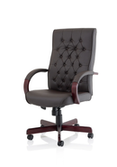 Brown leather Chesterfield executive chair with arms, featuring tufted detailing and a classic, sophisticated design.