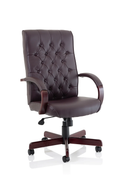 Dynamic Chesterfield executive chair in burgundy leather with armrests, featuring a classic tufted design and polished wooden legs.