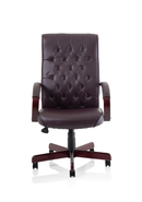 Dynamic Chesterfield executive chair in burgundy leather with armrests, showcasing a classic tufted design and polished wooden legs.